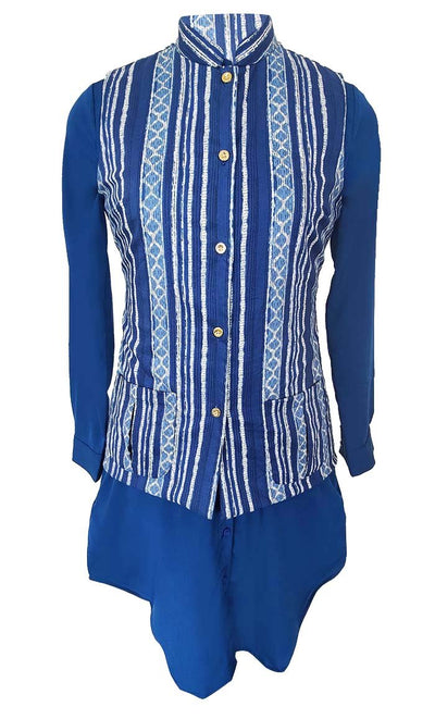 Basic Light Sky Blue Printed Waist Coat Style Jacket With Contrasted Tunic - EastEssence.com