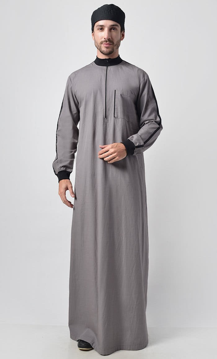 Grey Basic Men’s Thobe with Rib Cuff & Pockets