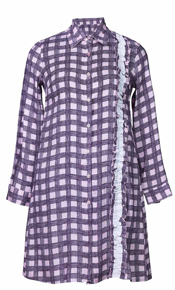 Basic Pink Check Printed Button Down Tunic - EastEssence.com