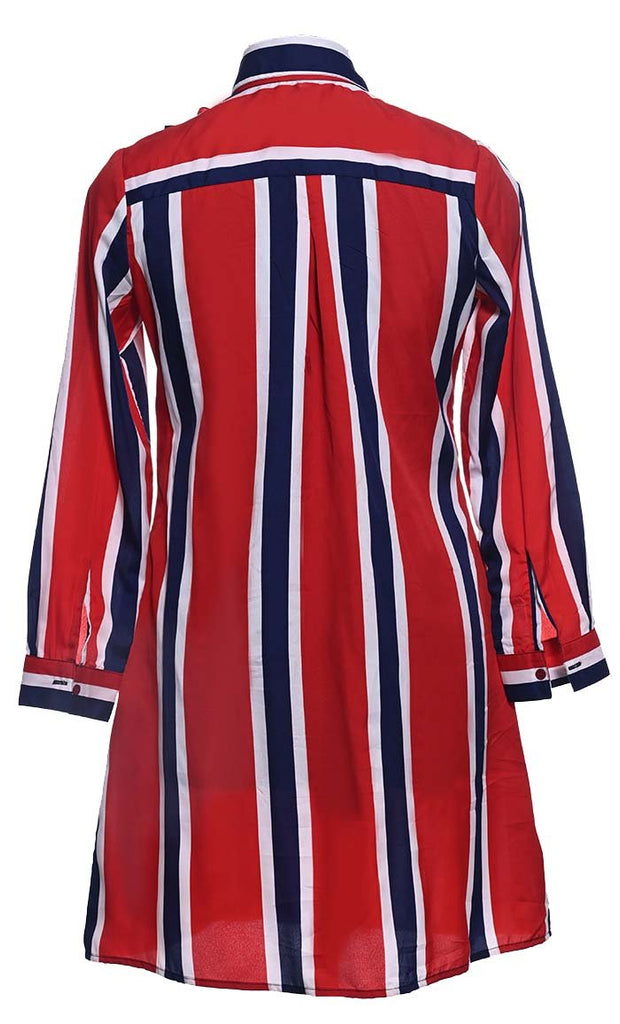 Basic Red Stripe Printed Button Down Tunic With Pockets - EastEssence.com