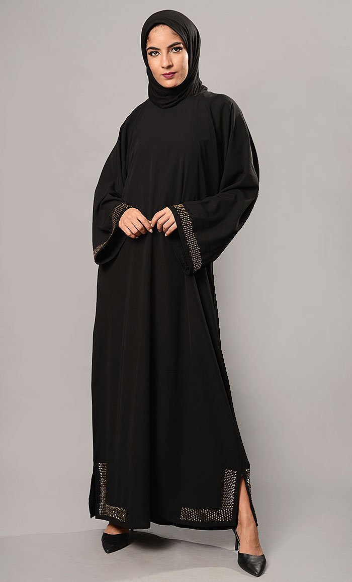 Eastessence presents Beads embroidered bell sleeves abaya dress available only at eastessence.com. XS / 56 / Black Eastessence presents Beads embroidered bell sleeves abaya dress available only at eastessence.com. XS / 56 / Black