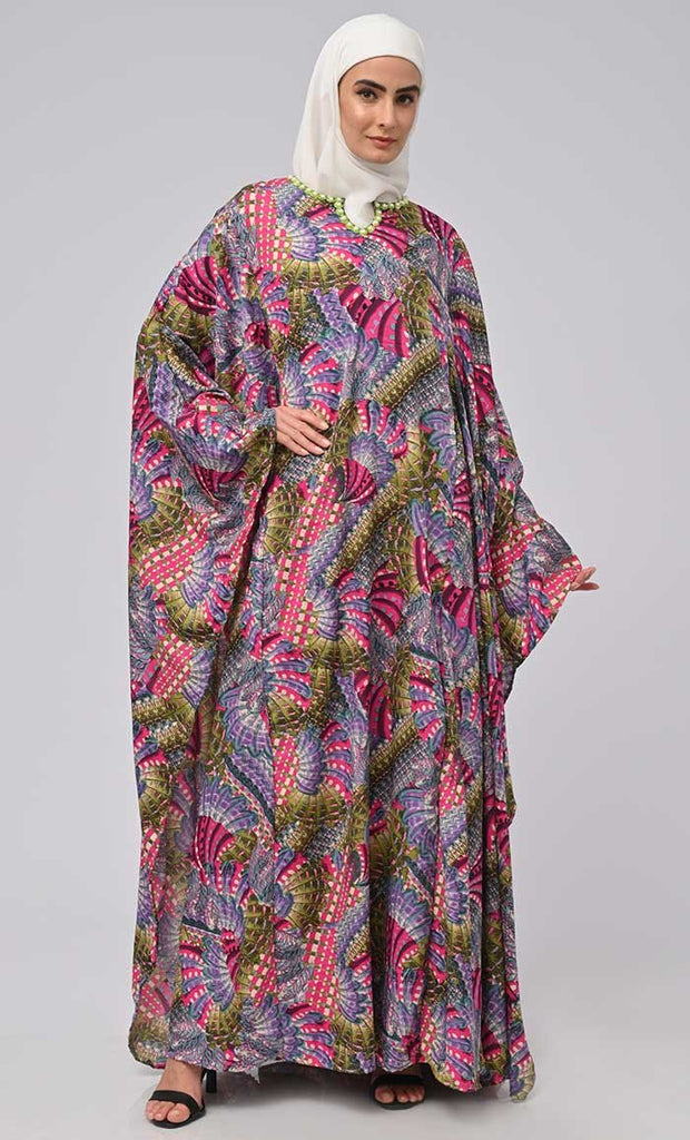 Beautiful Beads Embroidered Printed Kaftan Abaya For Women With Crepe Inner - EastEssence.com