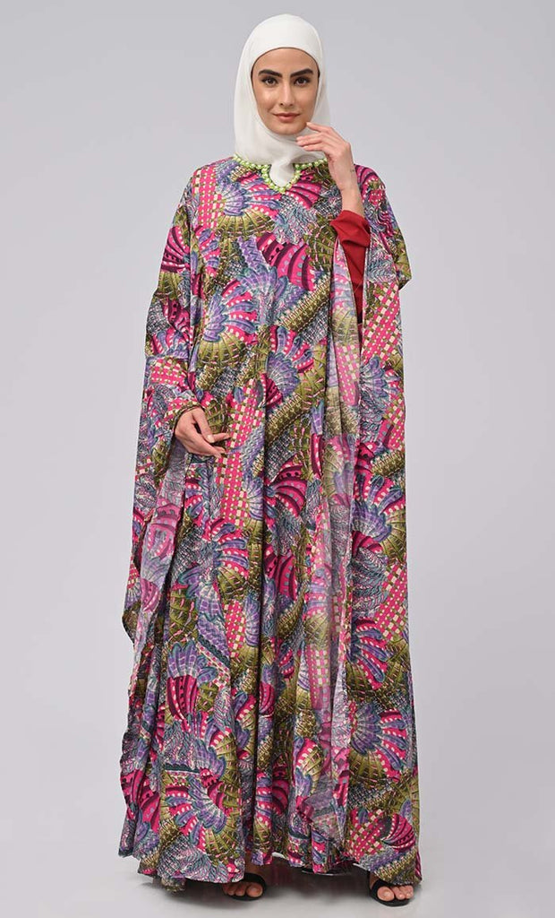 Beautiful Beads Embroidered Printed Kaftan Abaya For Women With Crepe Inner - EastEssence.com