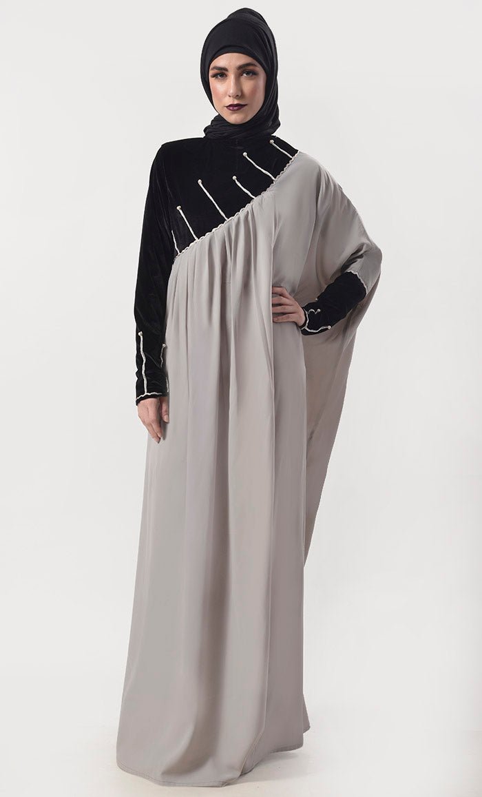 Beautiful Black And Grey Contrasted Asymmetrical Abaya & Kaftan - EastEssence.com