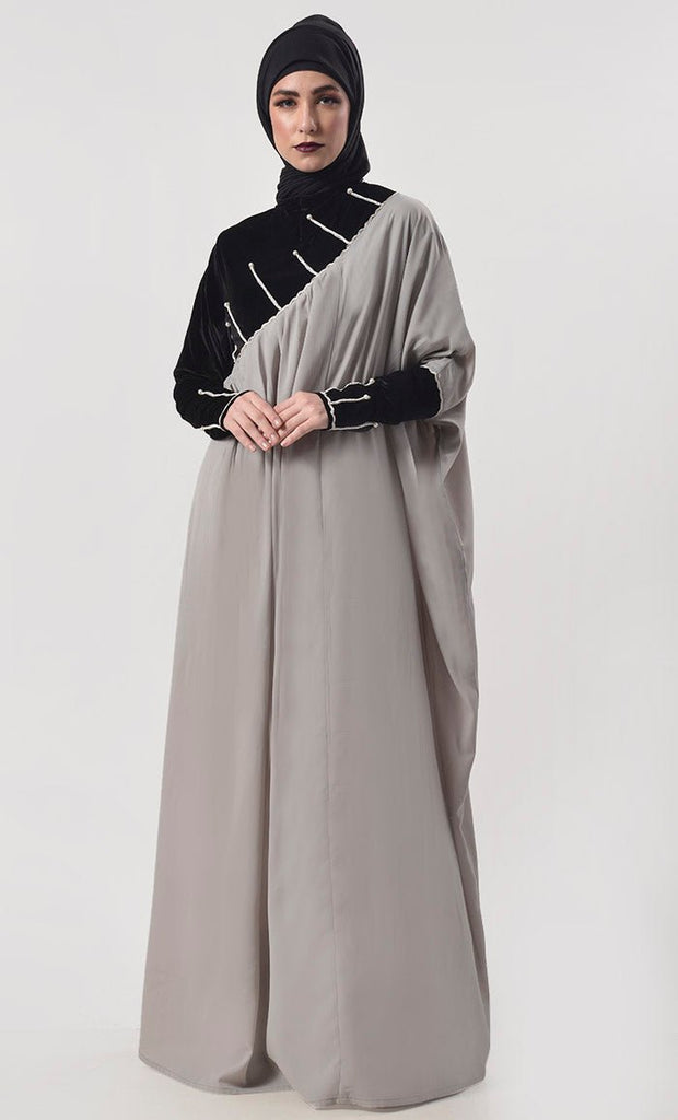 Beautiful Black And Grey Contrasted Asymmetrical Abaya & Kaftan - EastEssence.com