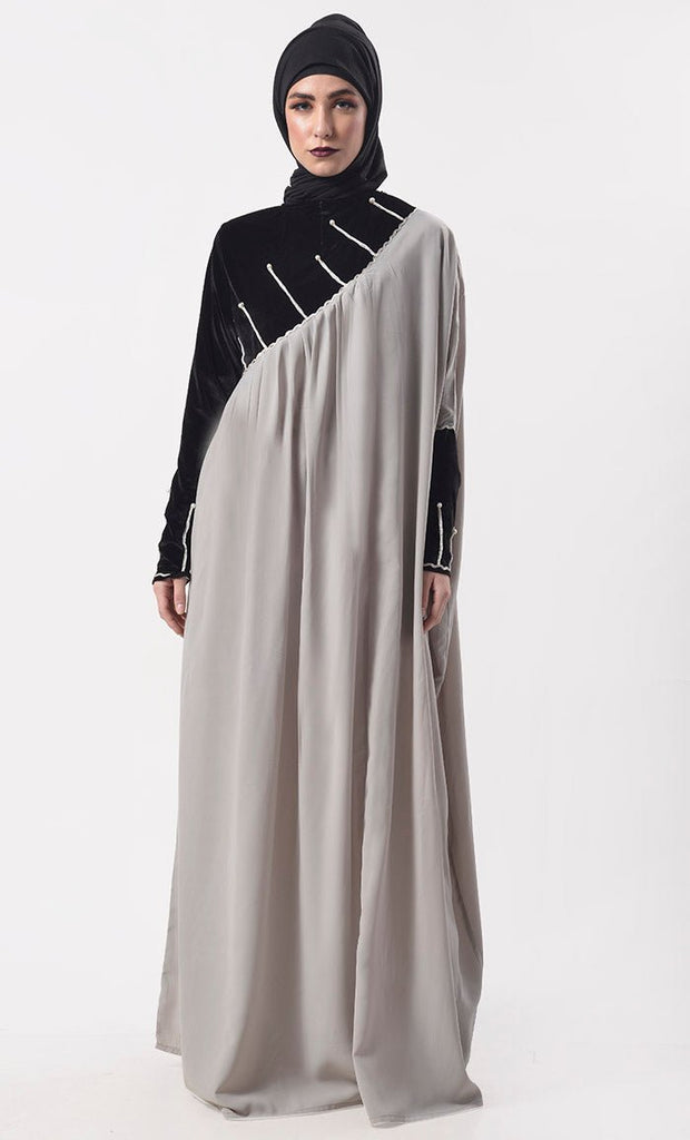 Beautiful Black And Grey Contrasted Asymmetrical Abaya & Kaftan - EastEssence.com