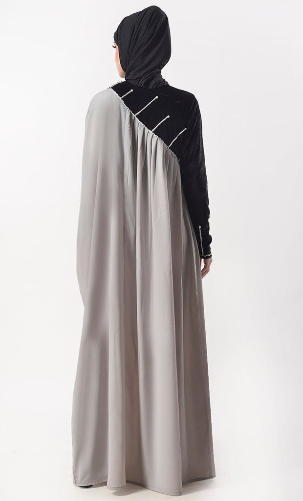 Beautiful Black And Grey Contrasted Asymmetrical Abaya & Kaftan - EastEssence.com