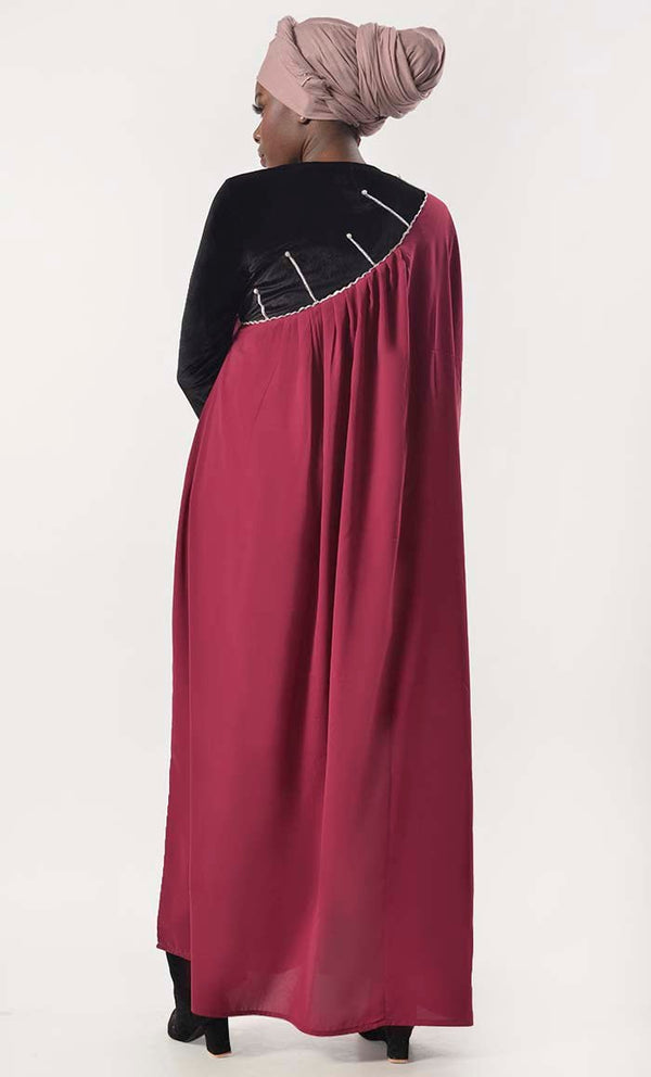 Beautiful Black And Maroon Contrasted Asymmetrical Abaya & Kaftan - EastEssence.com