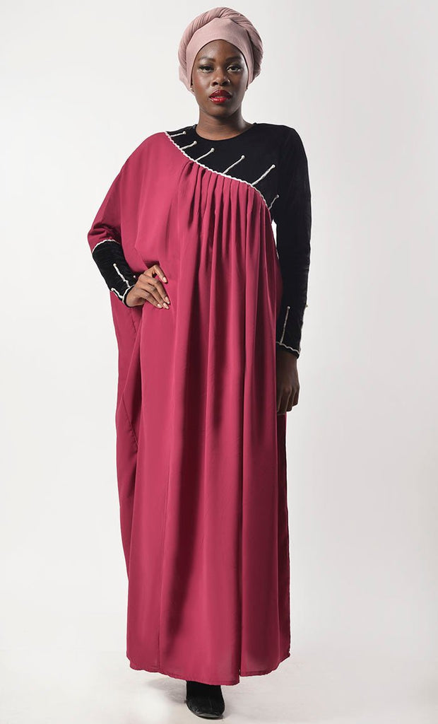 Beautiful Black And Maroon Contrasted Asymmetrical Abaya & Kaftan - EastEssence.com