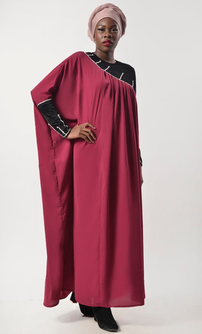 Beautiful Black And Maroon Contrasted Asymmetrical Abaya & Kaftan - EastEssence.com