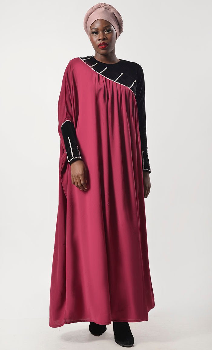 Beautiful Black And Maroon Contrasted Asymmetrical Abaya & Kaftan - EastEssence.com