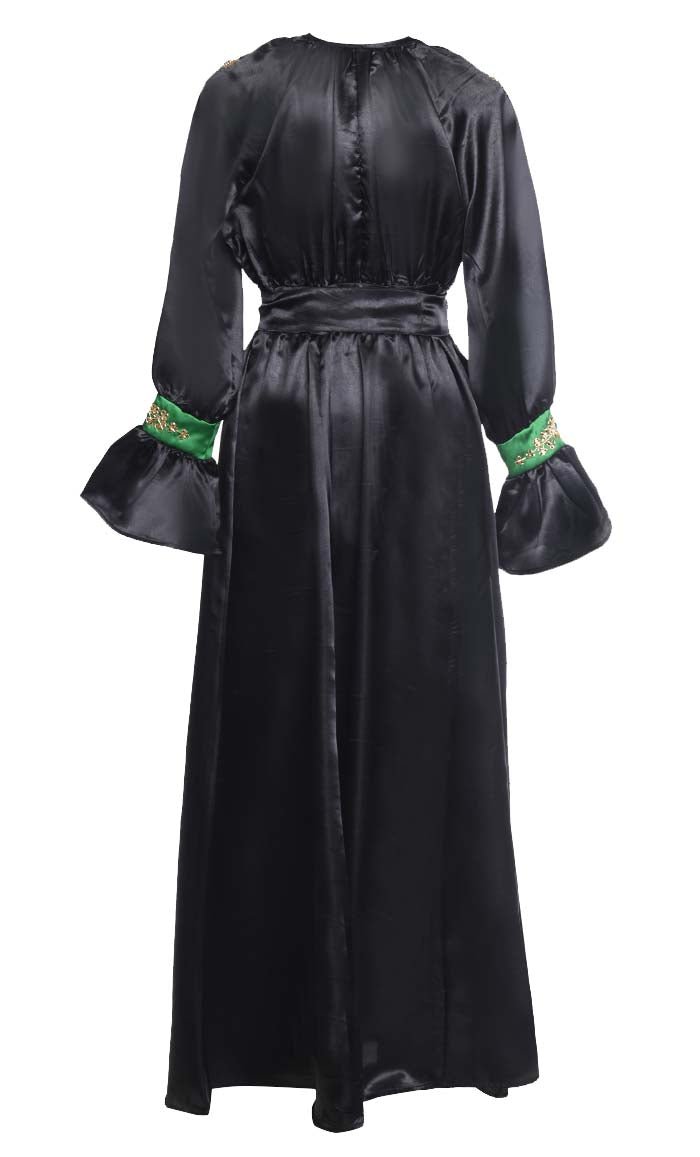 Beautiful Black Satin Embroidered Detailing Abaya With Tassels And Loose Belt - EastEssence.com