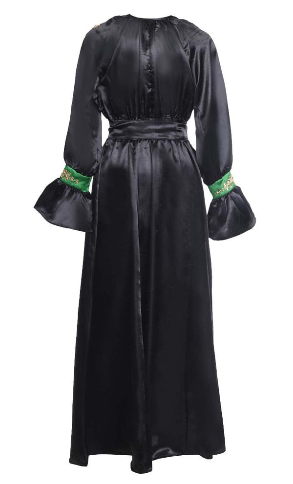 Beautiful Black Satin Embroidered Detailing Abaya With Tassels And Loose Belt - EastEssence.com