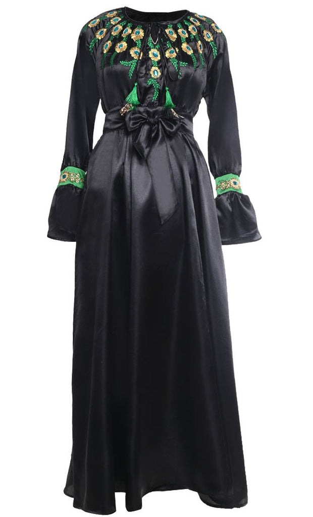 Beautiful Black Satin Embroidered Detailing Abaya With Tassels And Loose Belt - EastEssence.com