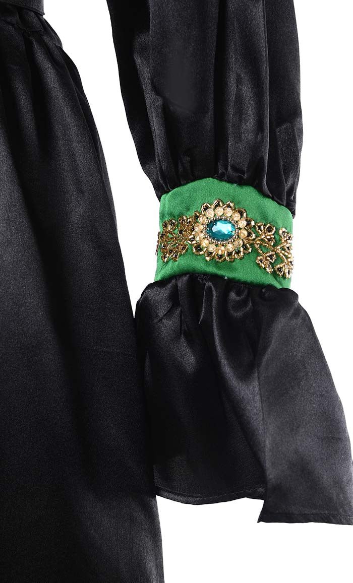 Beautiful Black Satin Embroidered Detailing Abaya With Tassels And Loose Belt - EastEssence.com