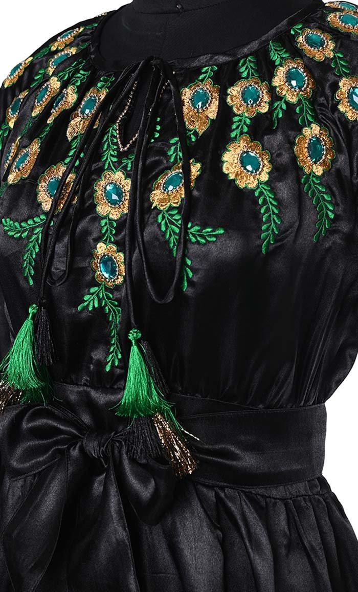 Beautiful Black Satin Embroidered Detailing Abaya With Tassels And Loose Belt - EastEssence.com