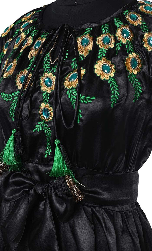 Beautiful Black Satin Embroidered Detailing Abaya With Tassels And Loose Belt - EastEssence.com