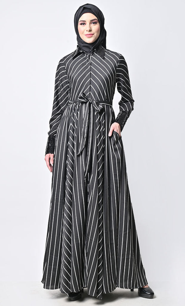 Beautiful Black Stripe Printed Flared Abaya With Pockets - EastEssence.com