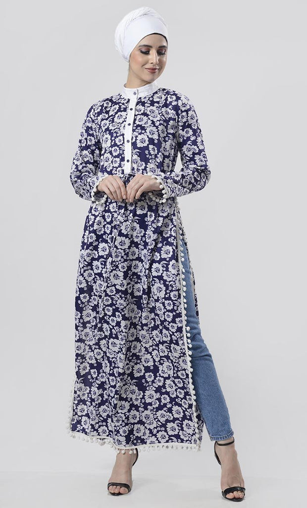 Beautiful Blue Butter Cup Floral Printed Abaya - EastEssence.com