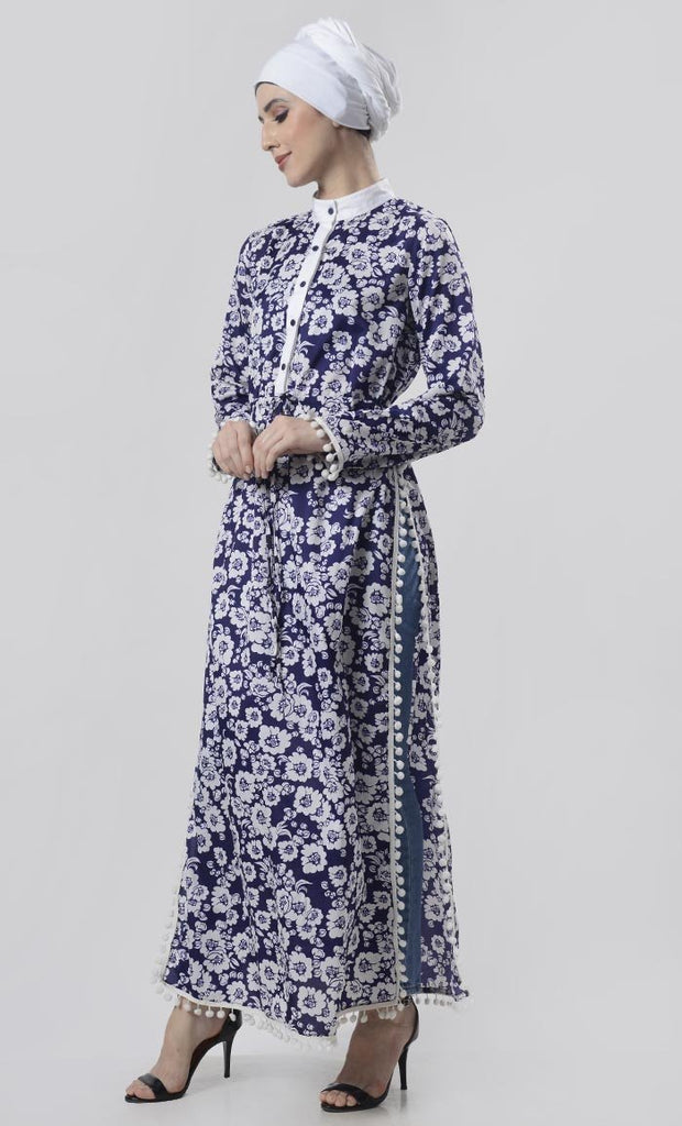 Beautiful Blue Butter Cup Floral Printed Abaya - EastEssence.com