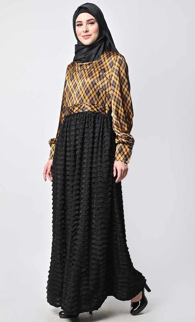 Beautiful combination Abaya With Black Frill Bottom And Printed Satin Yoke With Pockets - EastEssence.com