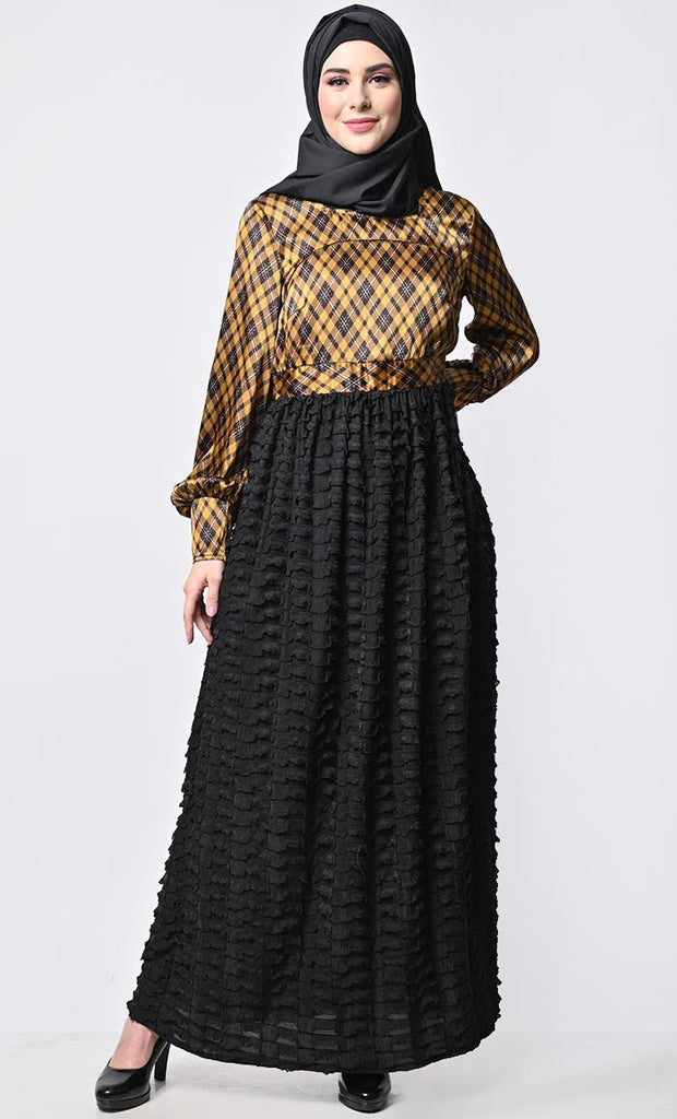 Beautiful combination Abaya With Black Frill Bottom And Printed Satin Yoke With Pockets - EastEssence.com