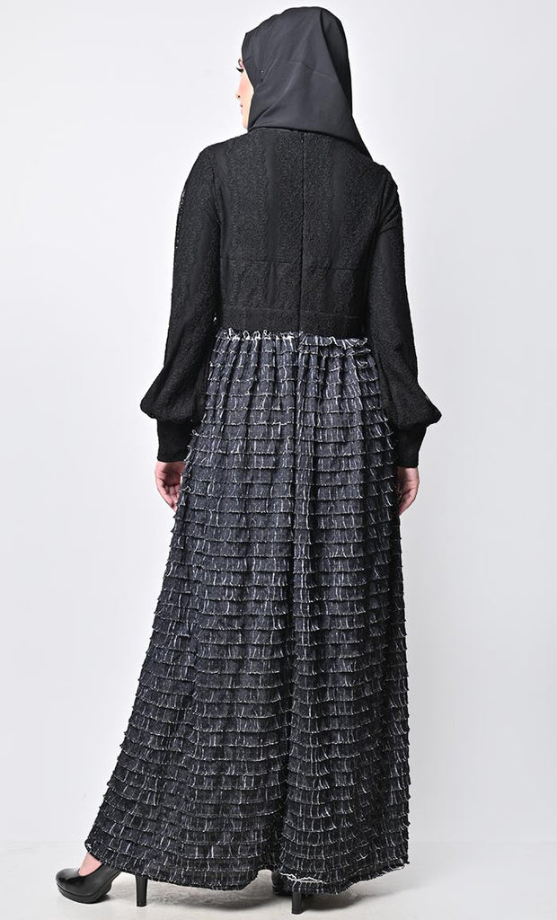 Beautiful Combonitation Abaya With Black Frill Bottom And Black Self Printed Yoke With Pockets - EastEssence.com