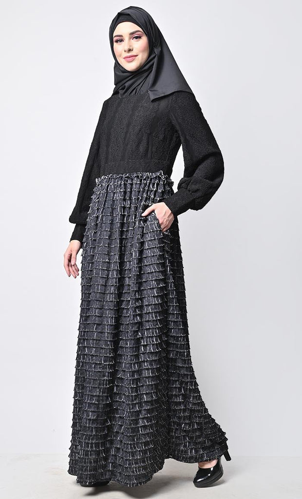 Beautiful Combonitation Abaya With Black Frill Bottom And Black Self Printed Yoke With Pockets - EastEssence.com