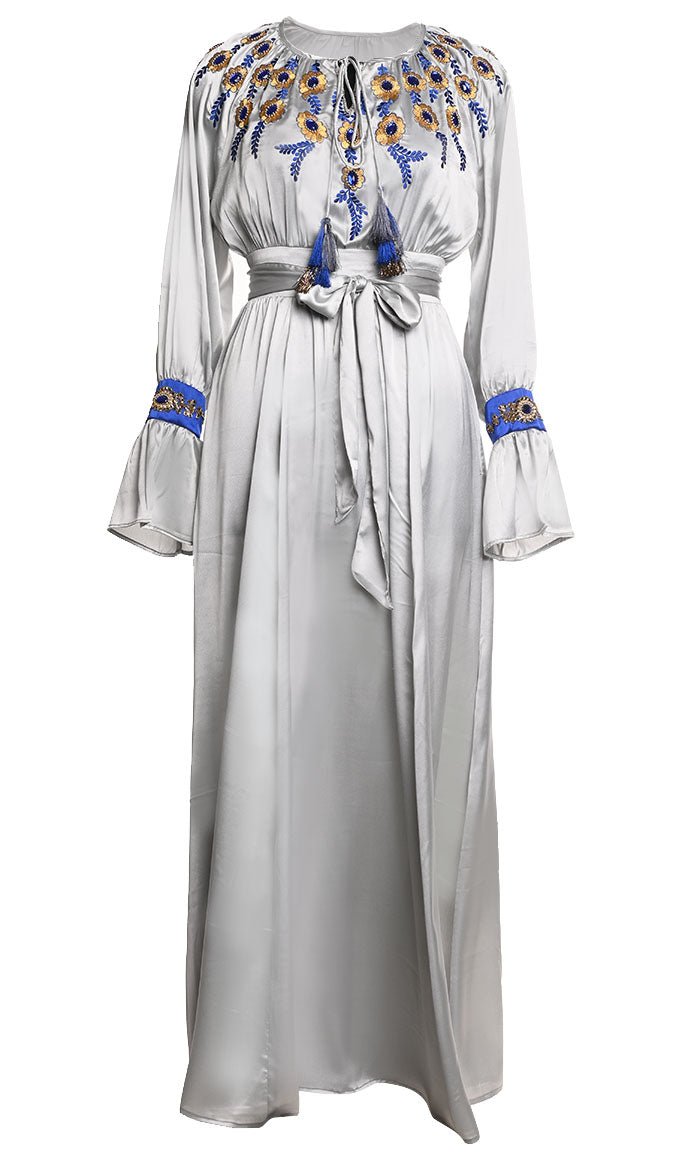 Beautiful Grey Satin Embroidered Detailing Abaya With Tassels And Loose Belt - EastEssence.com