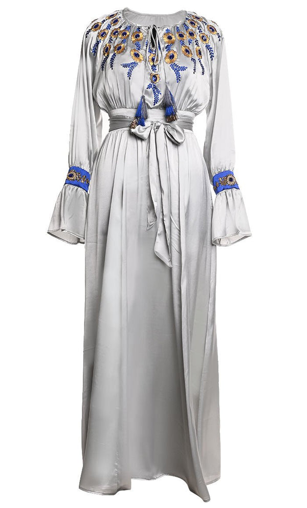 Beautiful Grey Satin Embroidered Detailing Abaya With Tassels And Loose Belt - EastEssence.com