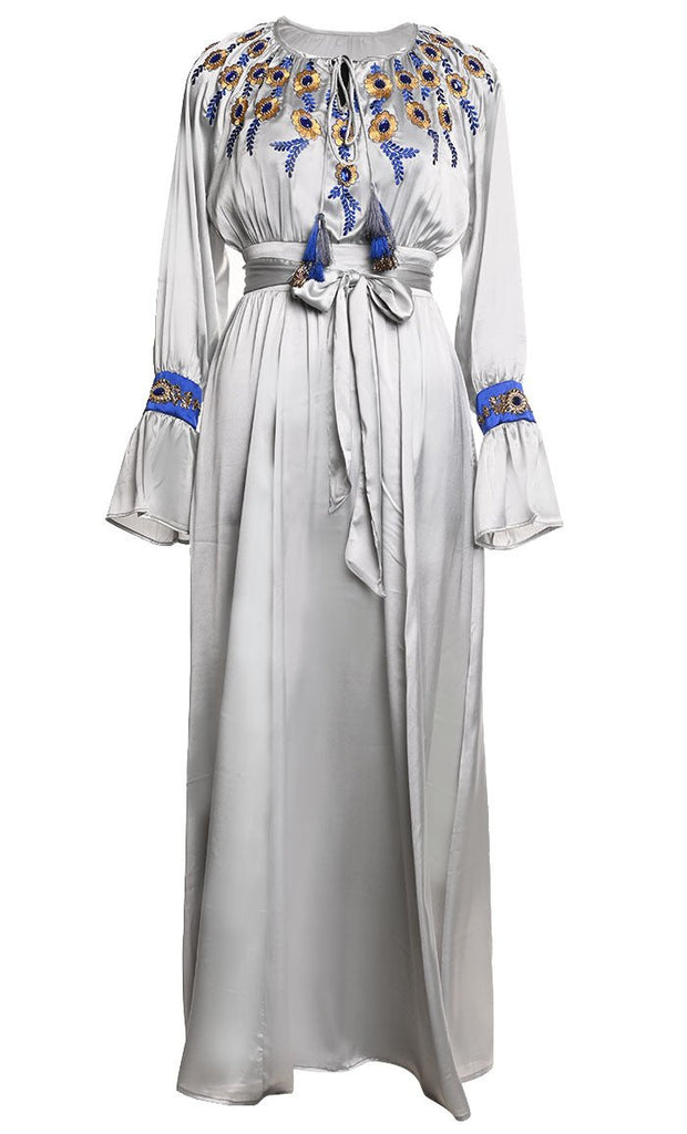 Beautiful Grey Satin Embroidered Detailing Abaya With Tassels And Loose Belt - EastEssence.com