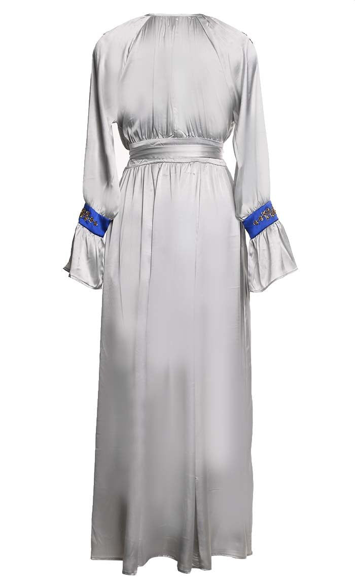 Beautiful Grey Satin Embroidered Detailing Abaya With Tassels And Loose Belt - EastEssence.com