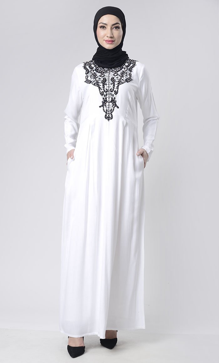 Beautiful Hand Work Neck Patch Abaya With Pockets - EastEssence.com