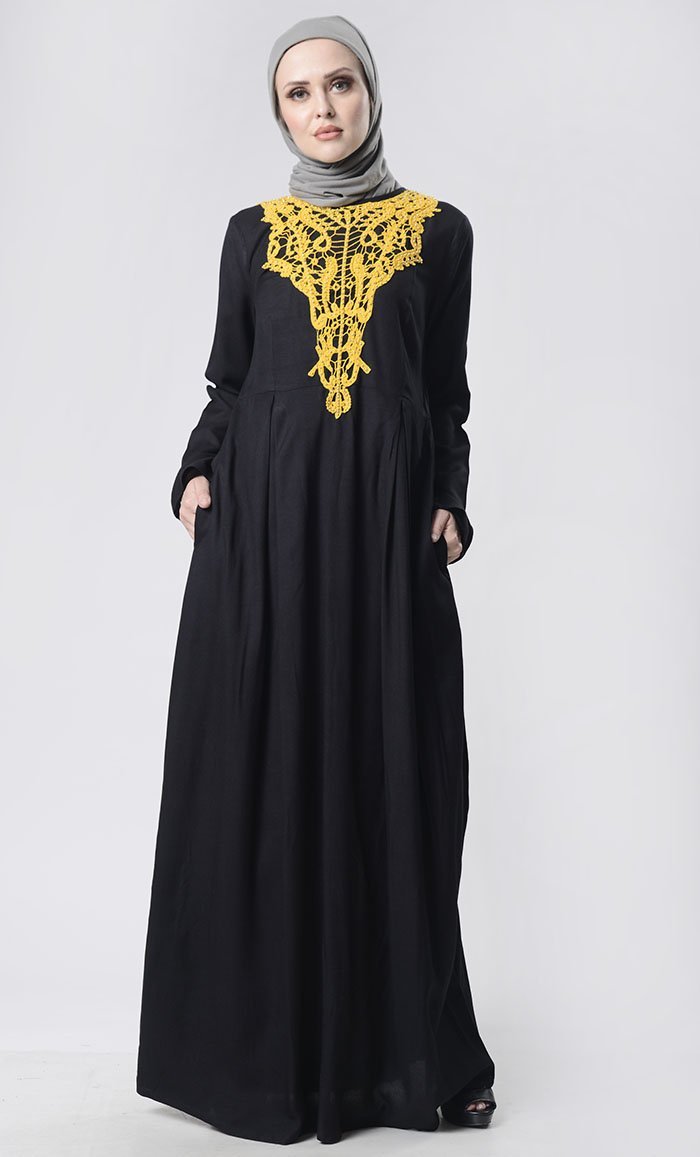 Beautiful Hand Work Neck Patch Abaya With Pockets - EastEssence.com