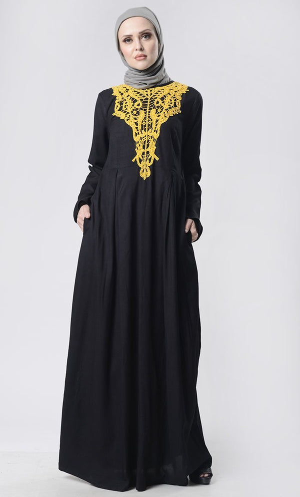 Beautiful Hand Work Neck Patch Abaya With Pockets - EastEssence.com