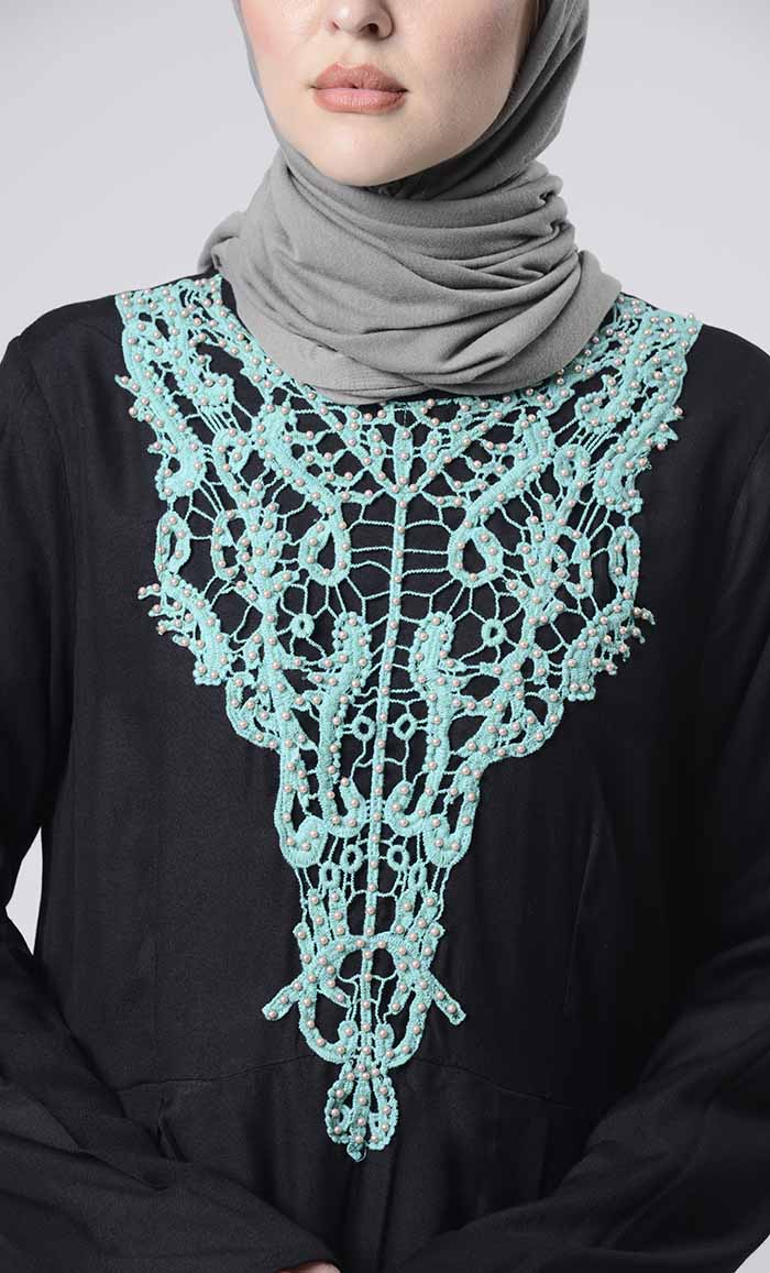 Beautiful Hand Work Neck Patch Abaya With Pockets - EastEssence.com
