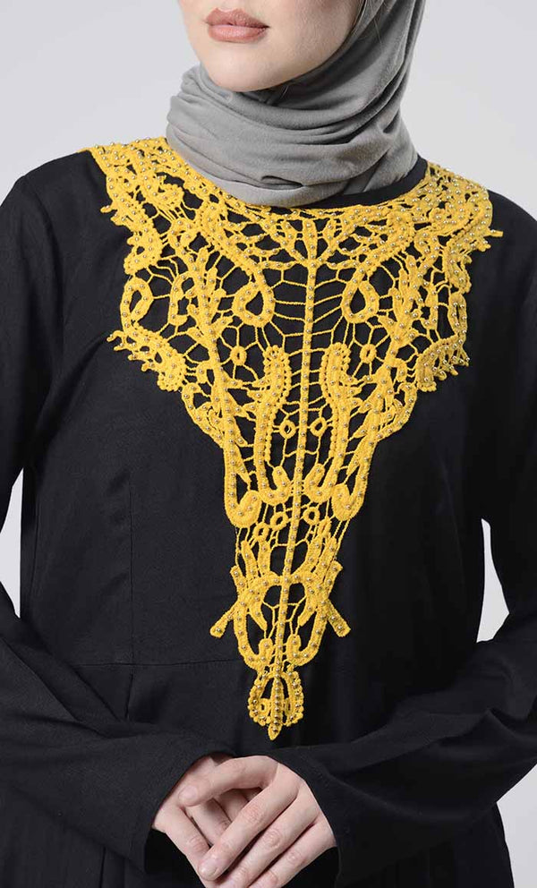 Beautiful Hand Work Neck Patch Abaya With Pockets - EastEssence.com