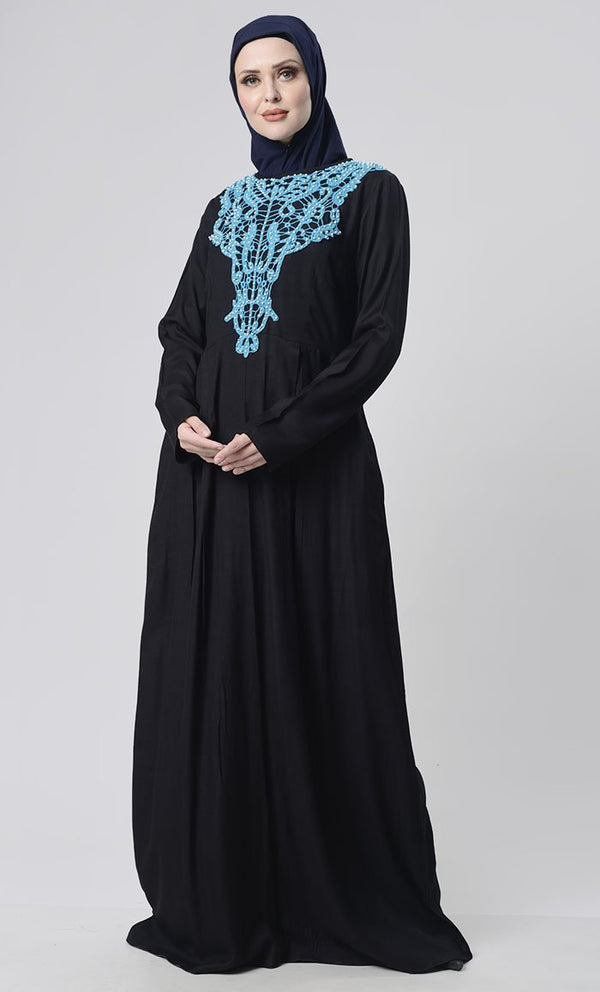 Beautiful Hand Work Neck Patch Abaya With Pockets - EastEssence.com