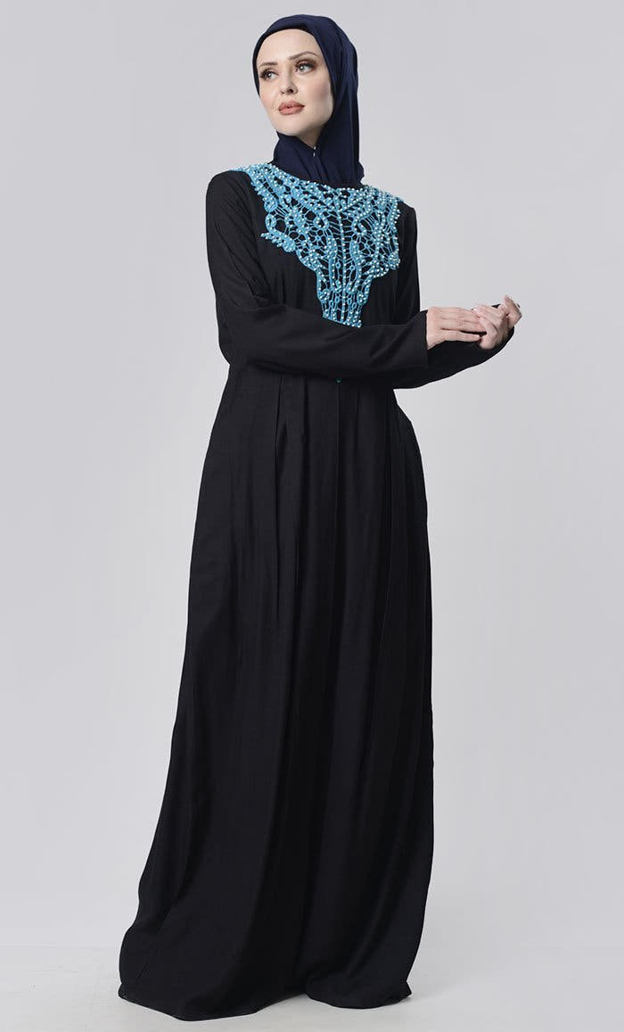 Hand Work Neck Patch Abaya with Pockets