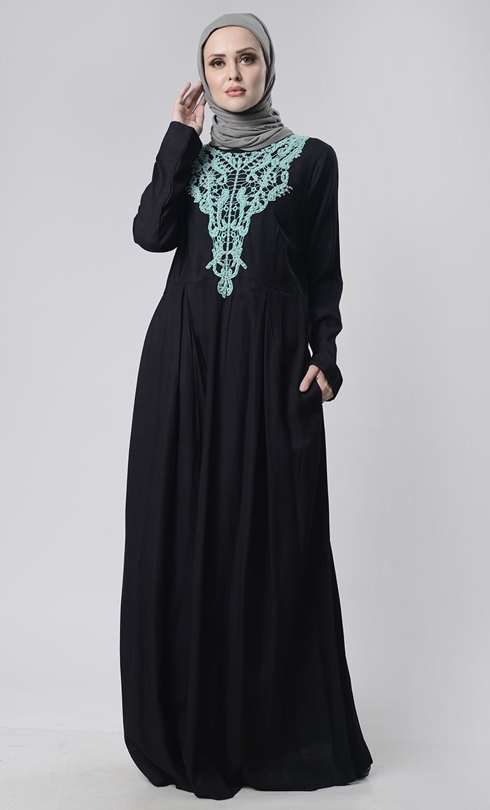 Beautiful Hand Work Neck Patch Abaya With Pockets - EastEssence.com