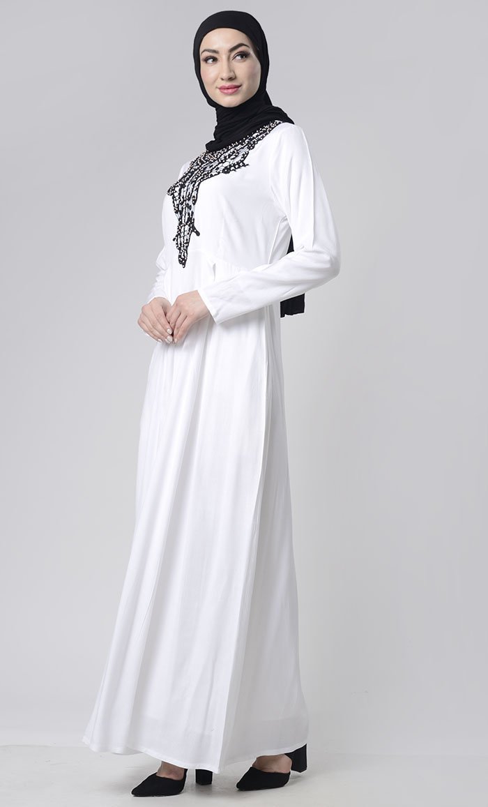 Beautiful Hand Work Neck Patch Abaya With Pockets - EastEssence.com