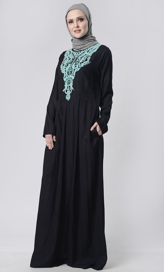 Beautiful Hand Work Neck Patch Abaya With Pockets - EastEssence.com