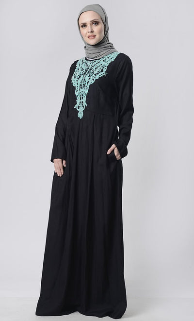 Beautiful Hand Work Neck Patch Abaya With Pockets - EastEssence.com