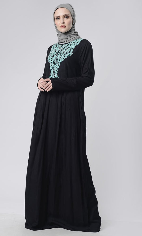 Beautiful Hand Work Neck Patch Abaya With Pockets - EastEssence.com
