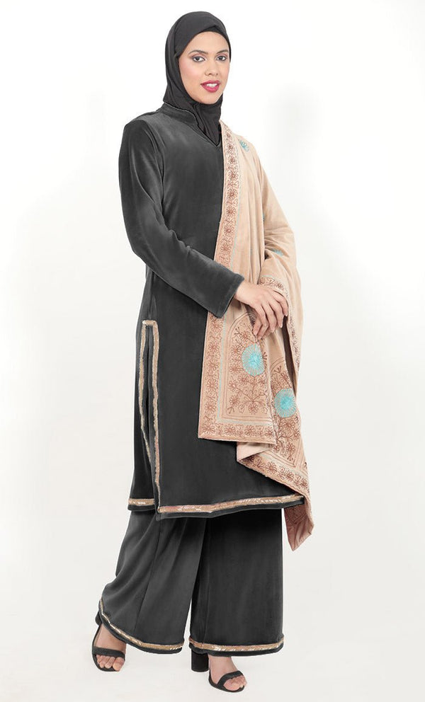 Beautiful Kashmiri Style Aari Work Detailing Shawl - Length:- 105"Inch, Width:- 40"Inch - EastEssence.com