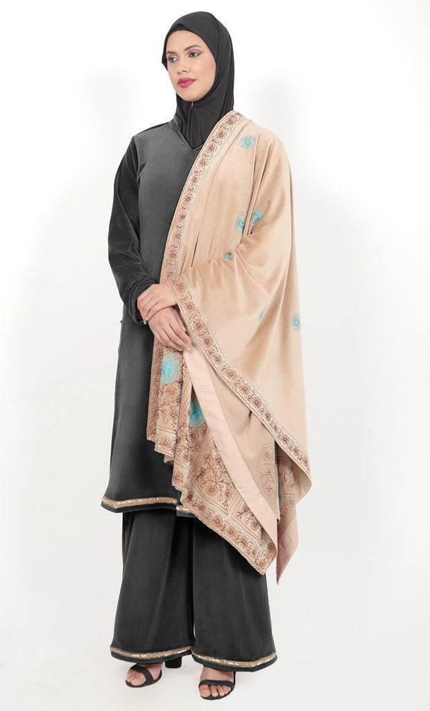 Beautiful Kashmiri Style Aari Work Detailing Shawl - Length:- 105"Inch, Width:- 40"Inch - EastEssence.com