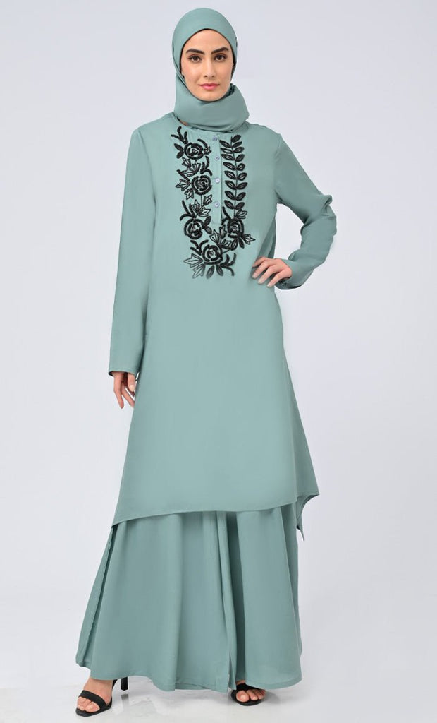 Beautiful Modest Islamic Embroidered Set With Matching Hijab And Pockets - EastEssence.com