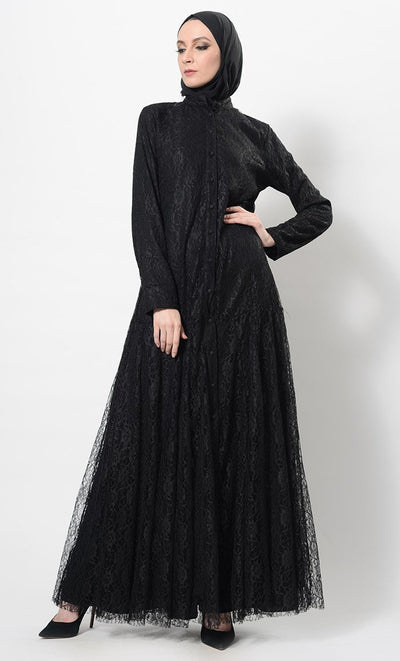 Beautiful Net Detail Modest Wear Abaya Dress And Hijab Set - EastEssence.com
