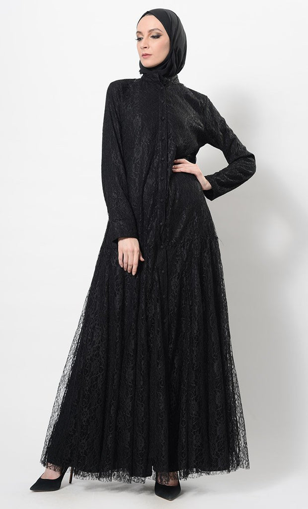 Beautiful Net Detail Modest Wear Abaya Dress And Hijab Set - EastEssence.com