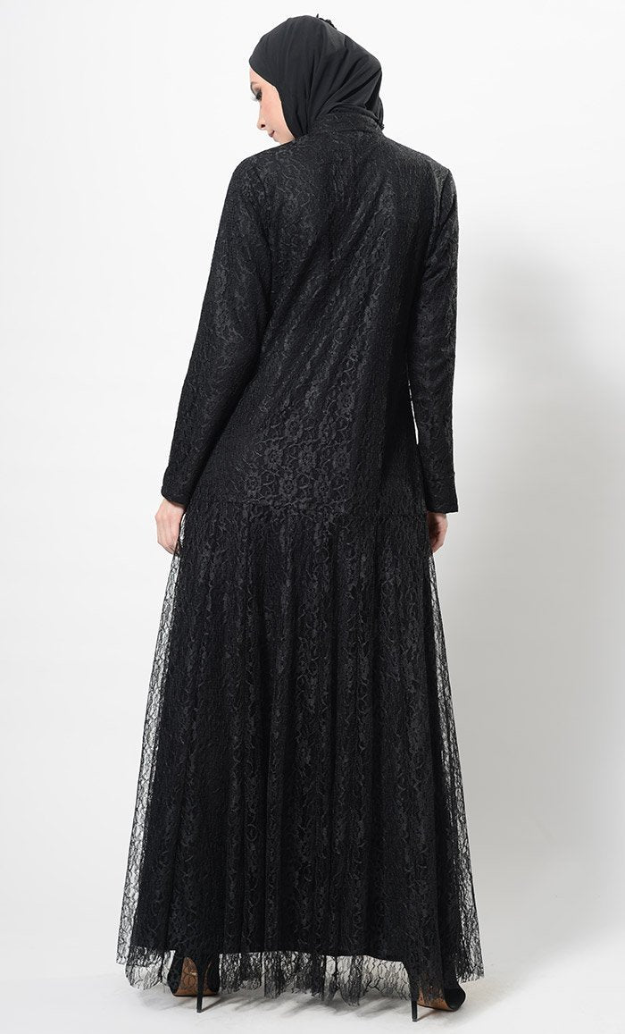 Beautiful Net Detail Modest Wear Abaya Dress And Hijab Set - EastEssence.com
